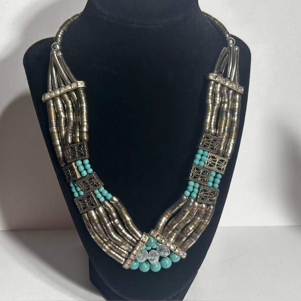 Tibetan Nepali Style Statement Bib Necklace Layered Metal & Turquoise Beads